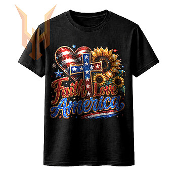 A glittering patriotic cross, heart, and vibrant sunflowers featured in this faith love america png design.