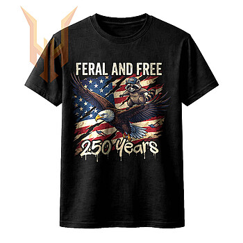 A distressed vintage illustration showing a raccoon riding a bald eagle over an American flag, representing the ultimate feral and free 250 years png.