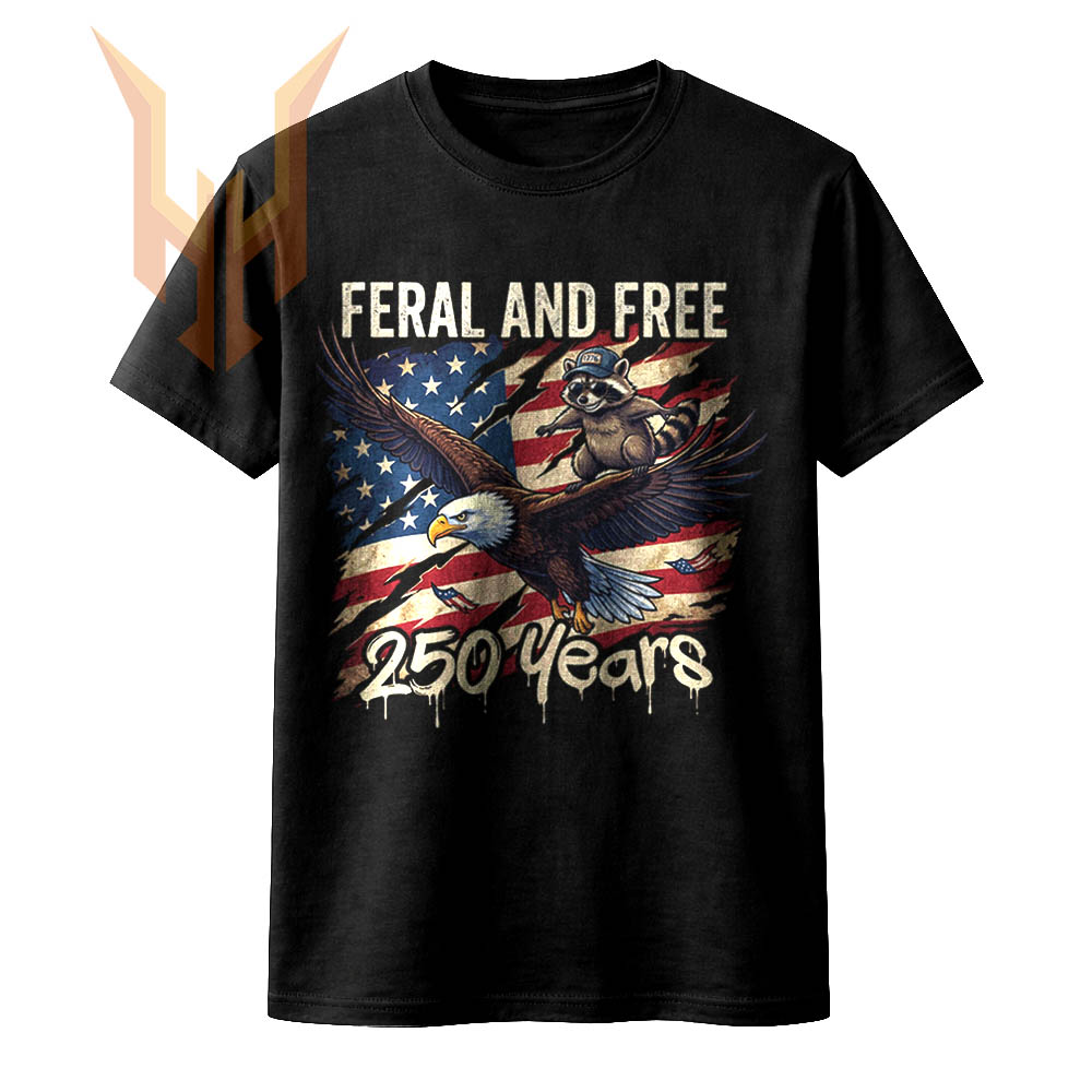 A distressed vintage illustration showing a raccoon riding a bald eagle over an American flag, representing the ultimate feral and free 250 years png.
