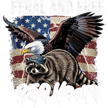 A distressed vintage illustration showing a bald eagle and a raccoon in sunglasses over an American flag, representing the ultimate feral and free 250 years png.