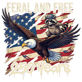 A distressed vintage illustration showing a raccoon riding a bald eagle over an American flag, representing the ultimate feral and free 250 years png.