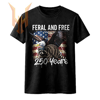 A distressed vintage illustration showing a bald eagle and a raccoon in sunglasses over an American flag, representing the ultimate feral and free 250 years png.