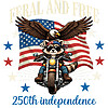 A vintage illustration showing a majestic bald eagle flying over a patriotic biker raccoon riding a motorcycle, representing the ultimate feral and free 250th png.