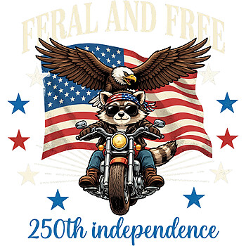 A vintage illustration showing a majestic bald eagle flying over a patriotic biker raccoon riding a motorcycle, representing the ultimate feral and free 250th png.
