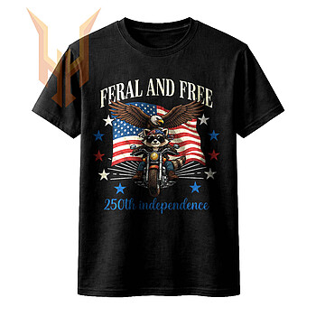 A vintage illustration showing a majestic bald eagle flying over a patriotic biker raccoon riding a motorcycle, representing the ultimate feral and free 250th png.
