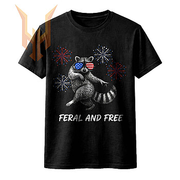 A distressed vintage illustration of a dancing trash panda with USA sunglasses and fireworks featuring the feral and free raccoon png design.