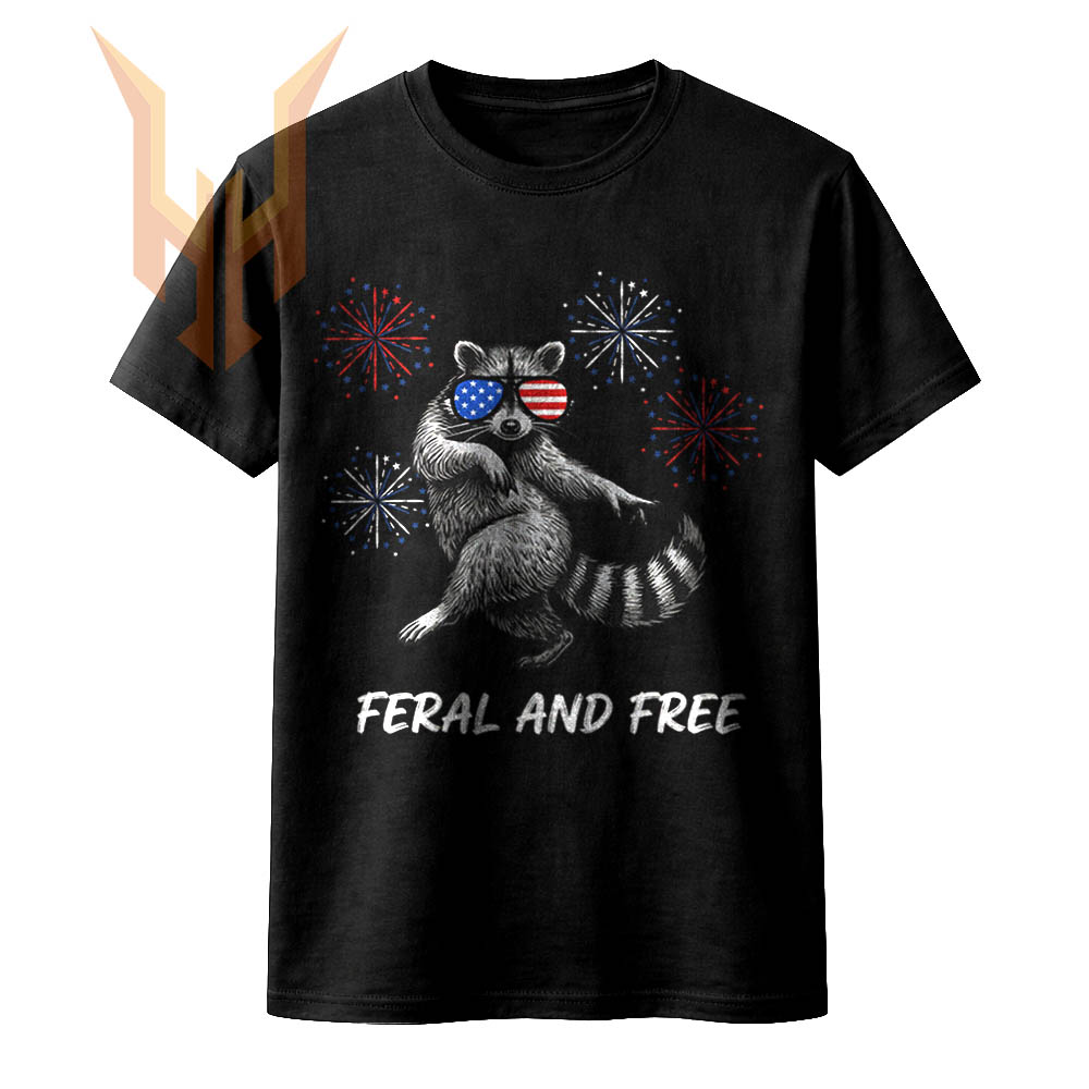 A distressed vintage illustration of a dancing trash panda with USA sunglasses and fireworks featuring the feral and free raccoon png design.