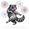 A distressed vintage illustration of a dancing trash panda with USA sunglasses and fireworks featuring the feral and free raccoon png design.