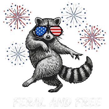 A distressed vintage illustration of a dancing trash panda with USA sunglasses and fireworks featuring the feral and free raccoon png design.