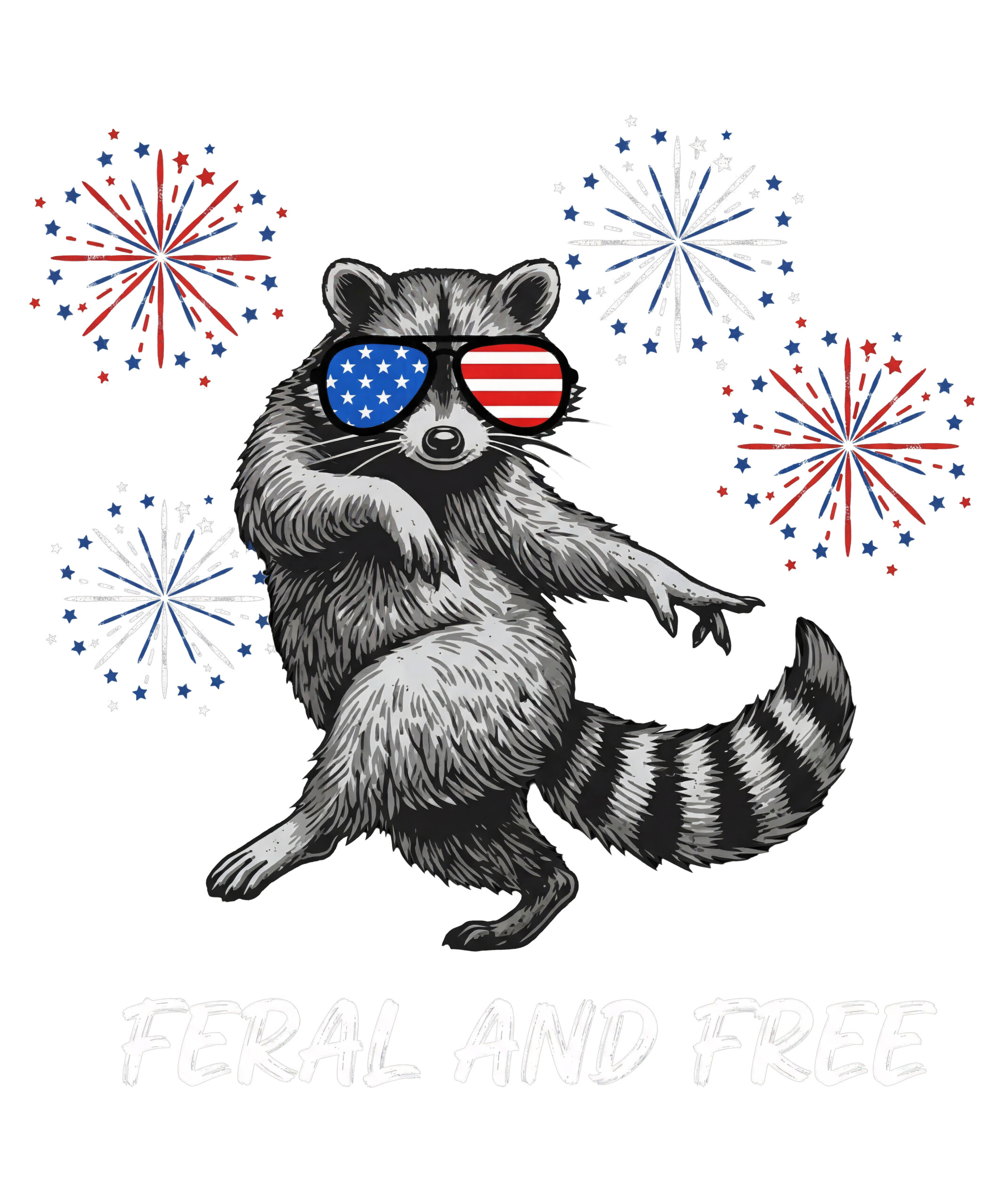A distressed vintage illustration of a dancing trash panda with USA sunglasses and fireworks featuring the feral and free raccoon png design.
