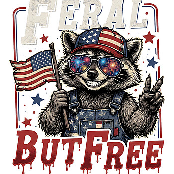 A vintage distressed illustration of a patriotic trash panda throwing a peace sign, highlighting the feral but free raccoon png design.