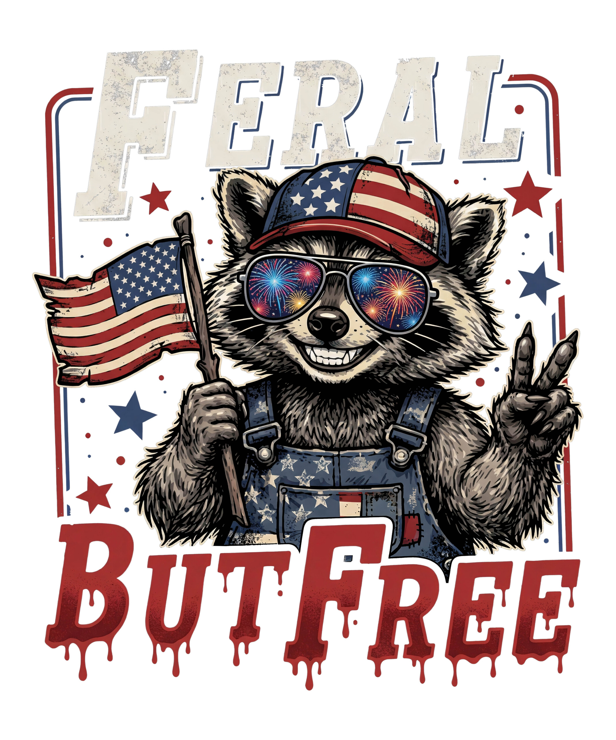 A vintage distressed illustration of a patriotic trash panda throwing a peace sign, highlighting the feral but free raccoon png design.