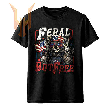 A vintage distressed illustration of a patriotic trash panda throwing a peace sign, highlighting the feral but free raccoon png design.