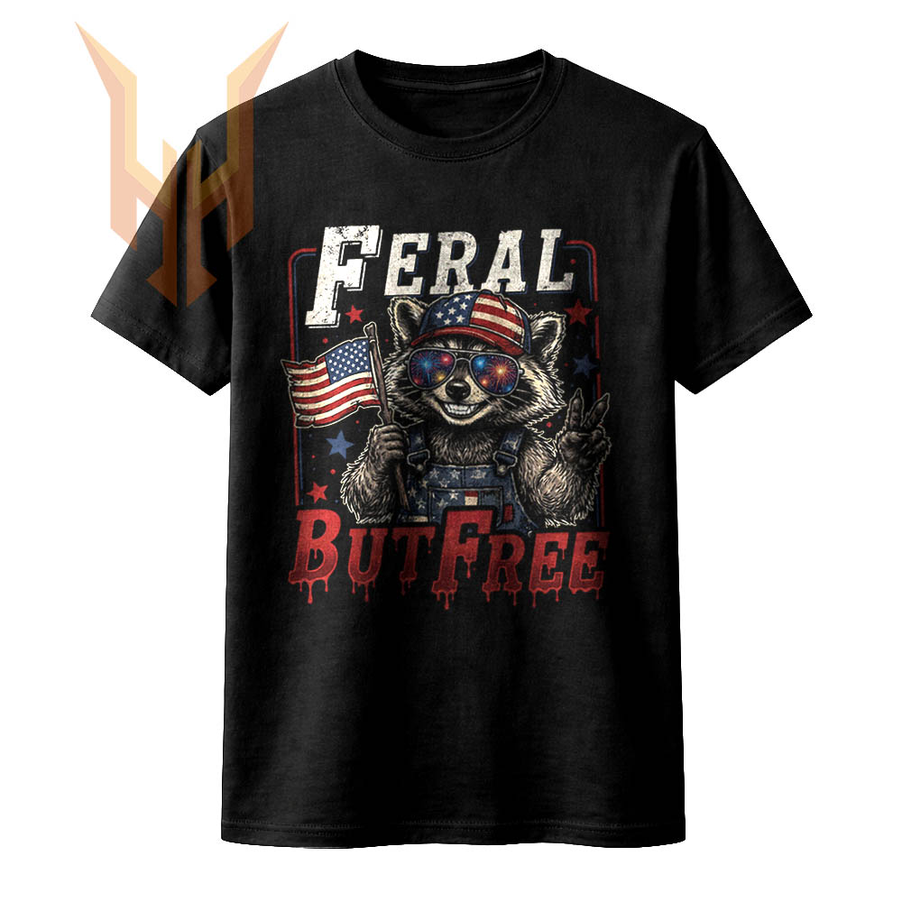 A vintage distressed illustration of a patriotic trash panda throwing a peace sign, highlighting the feral but free raccoon png design.