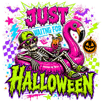 A vibrant 90s neon retro design featuring a skeleton chilling in a flamingo pool float with the text just waiting for halloween png.