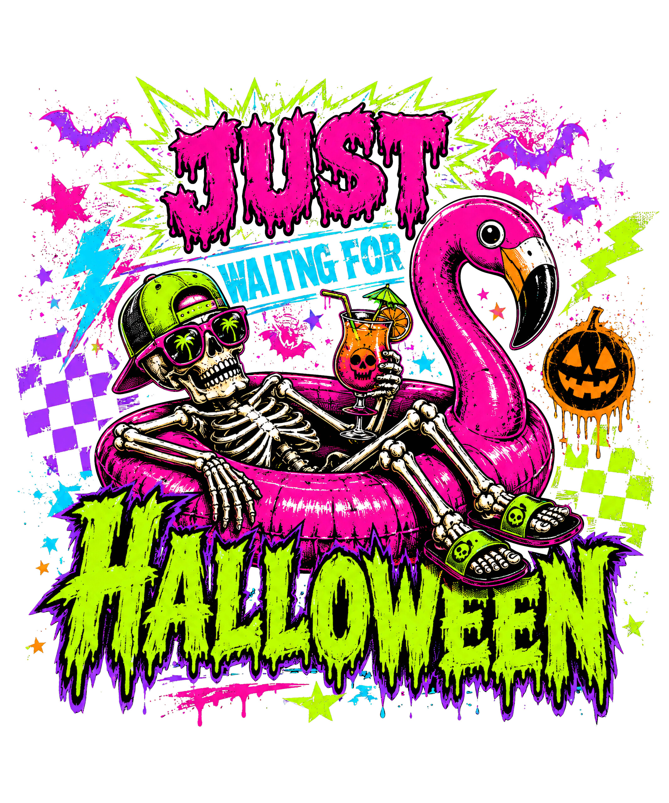 A vibrant 90s neon retro design featuring a skeleton chilling in a flamingo pool float with the text just waiting for halloween png.