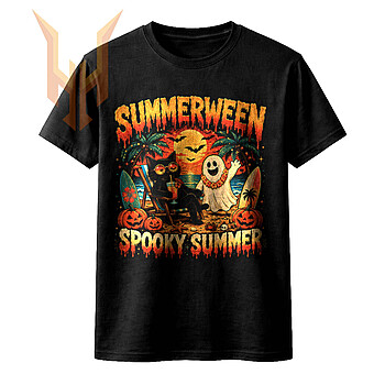 A vintage distressed beach design featuring a relaxing black cat and a happy ghost for your summerween spooky summer png projects.