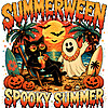 A vintage distressed beach design featuring a relaxing black cat and a happy ghost for your summerween spooky summer png projects.