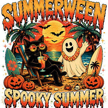A vintage distressed beach design featuring a relaxing black cat and a happy ghost for your summerween spooky summer png projects.
