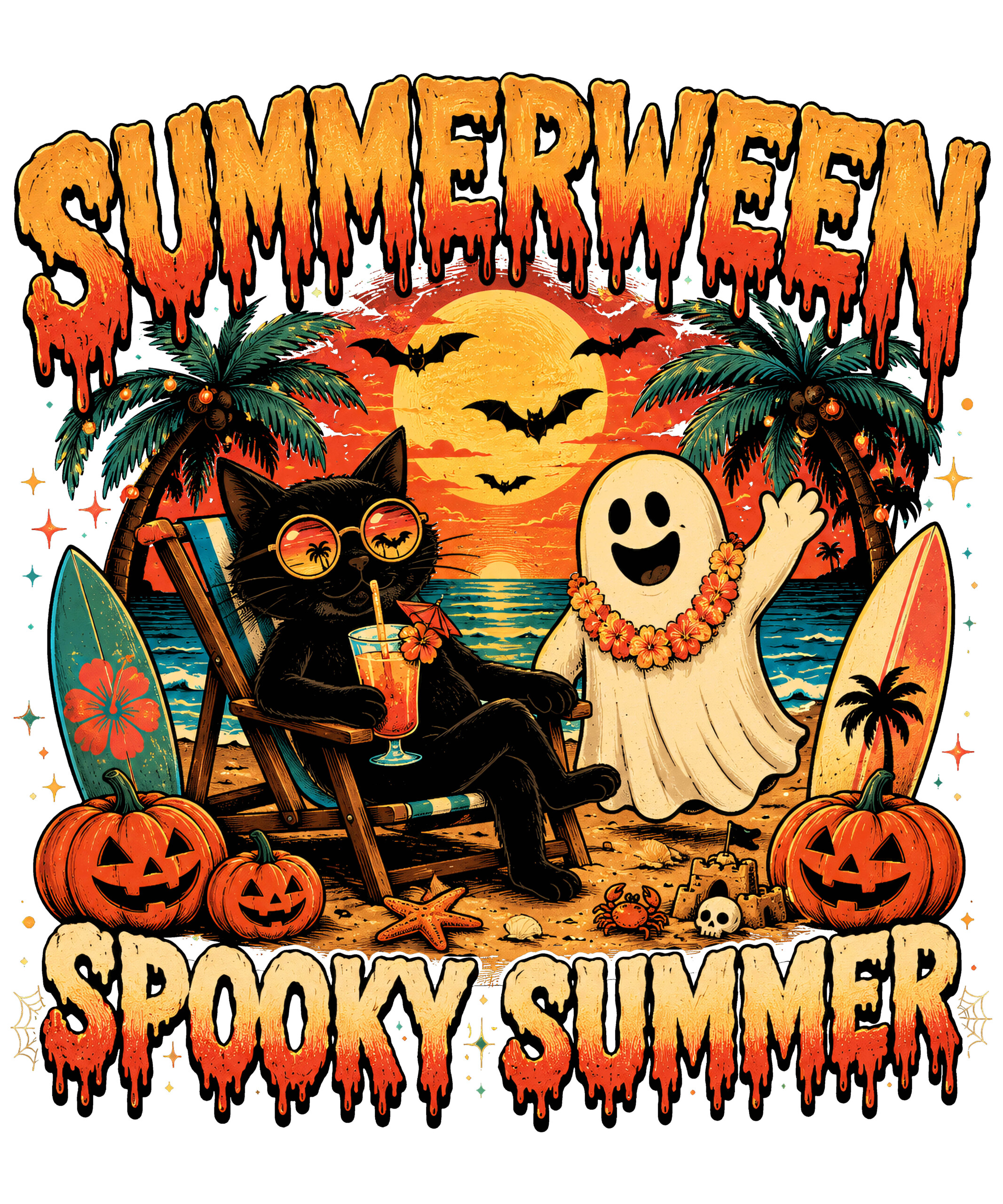 A vintage distressed beach design featuring a relaxing black cat and a happy ghost for your summerween spooky summer png projects.