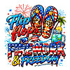 A vibrant graphic featuring patriotic flip flops, sunglasses, and a cold drink under fireworks, styled as a flip flops fireworks and freedom png.