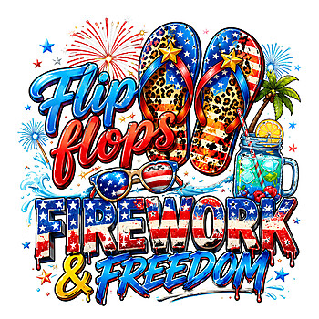 A vibrant graphic featuring patriotic flip flops, sunglasses, and a cold drink under fireworks, styled as a flip flops fireworks and freedom png.