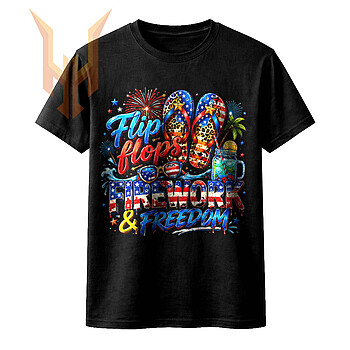 A vibrant graphic featuring patriotic flip flops, sunglasses, and a cold drink under fireworks, styled as a flip flops fireworks and freedom png.