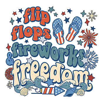 A groovy retro summer design with American flag sandals and beach waves, representing the ultimate flip flops fireworks freedom png.