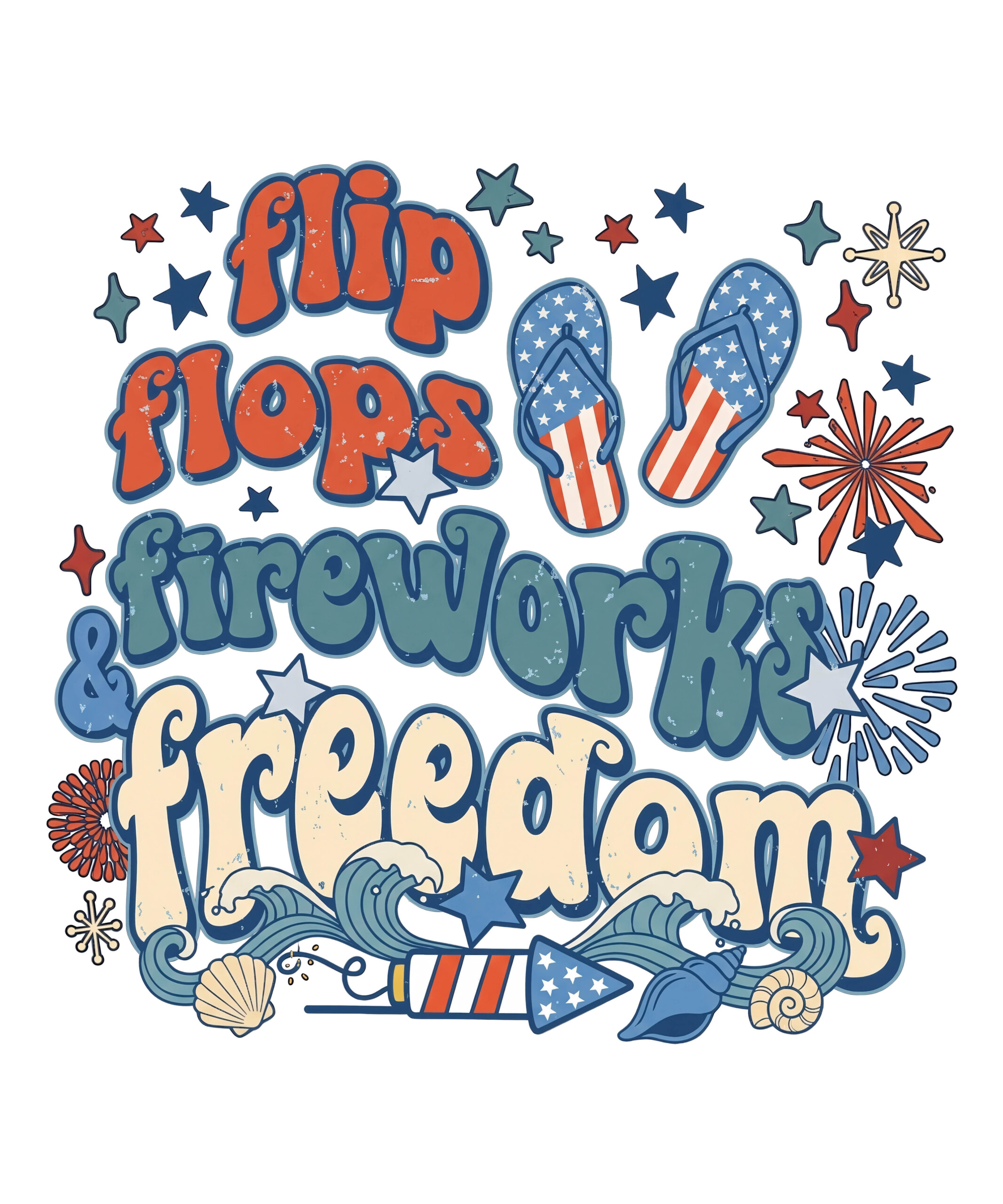 A groovy retro summer design with American flag sandals and beach waves, representing the ultimate flip flops fireworks freedom png.