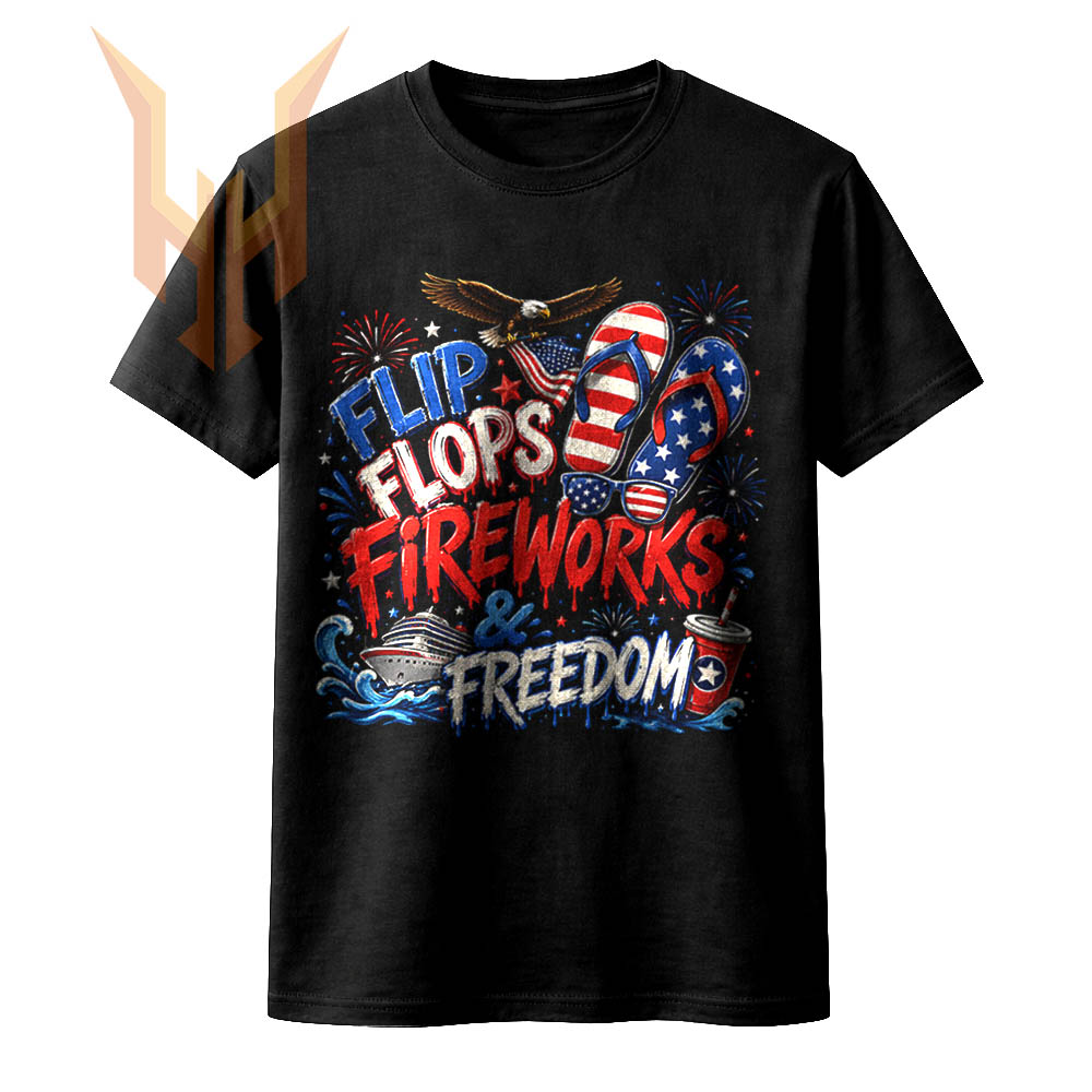 A vivid summer illustration of a cruise ship, bald eagle, and patriotic gear representing the perfect flip flops fireworks freedom png.