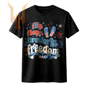 A groovy retro summer design with American flag sandals and beach waves, representing the ultimate flip flops fireworks freedom png.