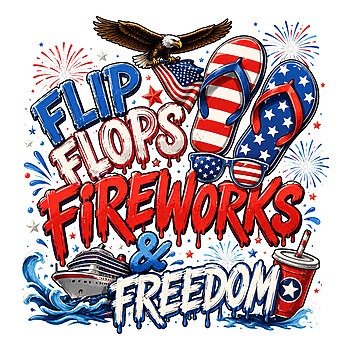 A vivid summer illustration of a cruise ship, bald eagle, and patriotic gear representing the perfect flip flops fireworks freedom png.