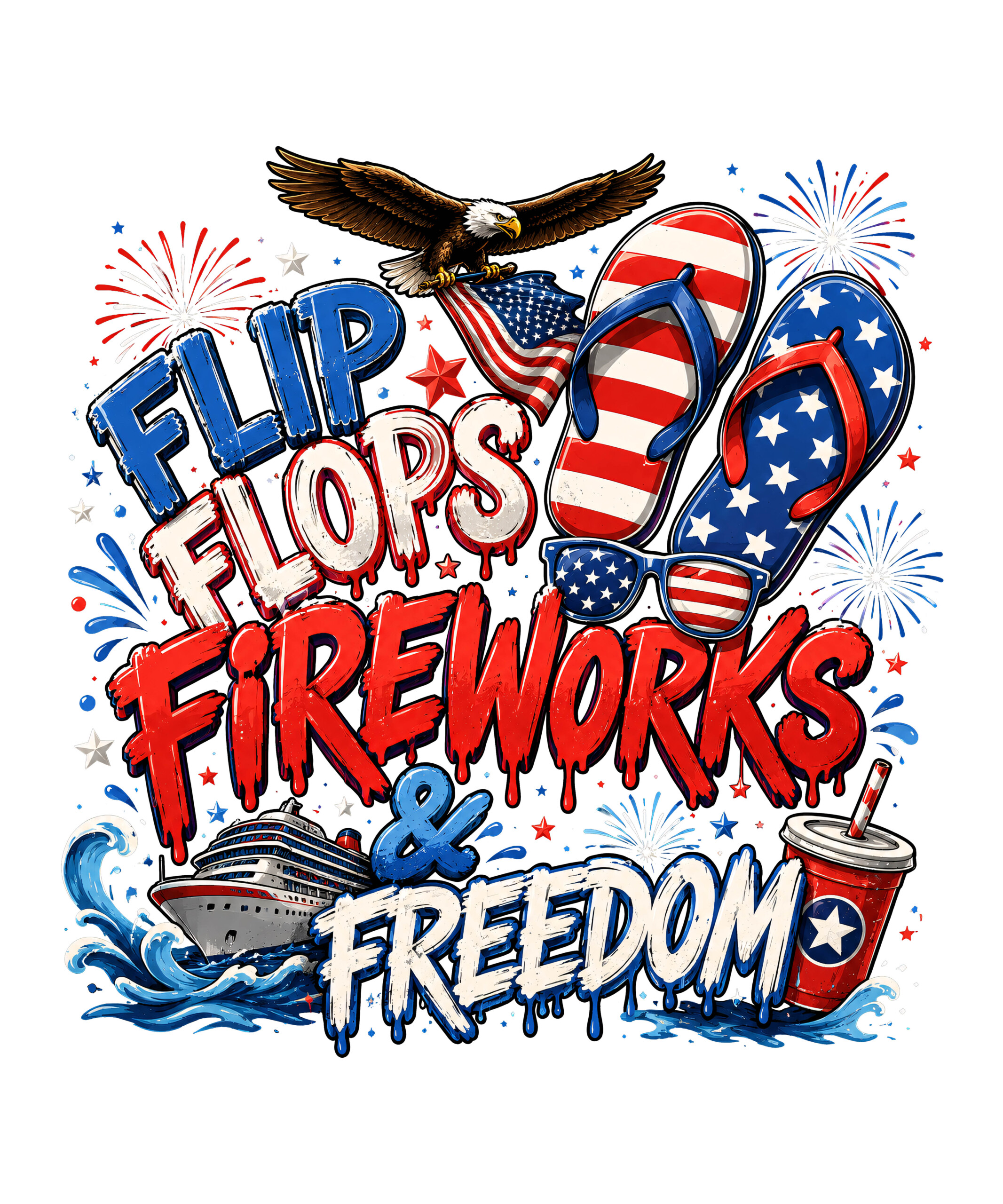 A vivid summer illustration of a cruise ship, bald eagle, and patriotic gear representing the perfect flip flops fireworks freedom png.