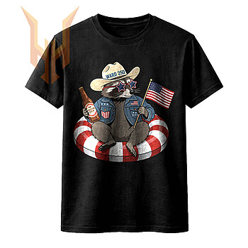 A vintage illustration of a trash panda floating on a tube drinking beer, featuring the freedom brew raccoon png design.