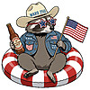 A vintage illustration of a trash panda floating on a tube drinking beer, featuring the freedom brew raccoon png design.