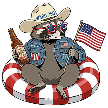 A vintage illustration of a trash panda floating on a tube drinking beer, featuring the freedom brew raccoon png design.