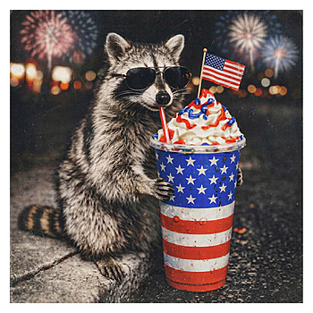 A hyper-realistic graphic of a cool sunglasses-wearing trash panda sipping an American flag drink under fireworks, highlighting the funny 4th of july raccoon png design.