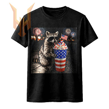 A hyper-realistic graphic of a cool sunglasses-wearing trash panda sipping an American flag drink under fireworks, highlighting the funny 4th of july raccoon png design.