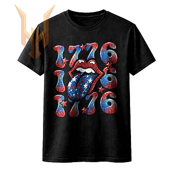 A sparkling retro rock and roll design featuring a star-spangled tongue, perfect for your glitter 1776 patriotic lips png sublimation projects.