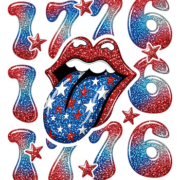 A sparkling retro rock and roll design featuring a star-spangled tongue, perfect for your glitter 1776 patriotic lips png sublimation projects.
