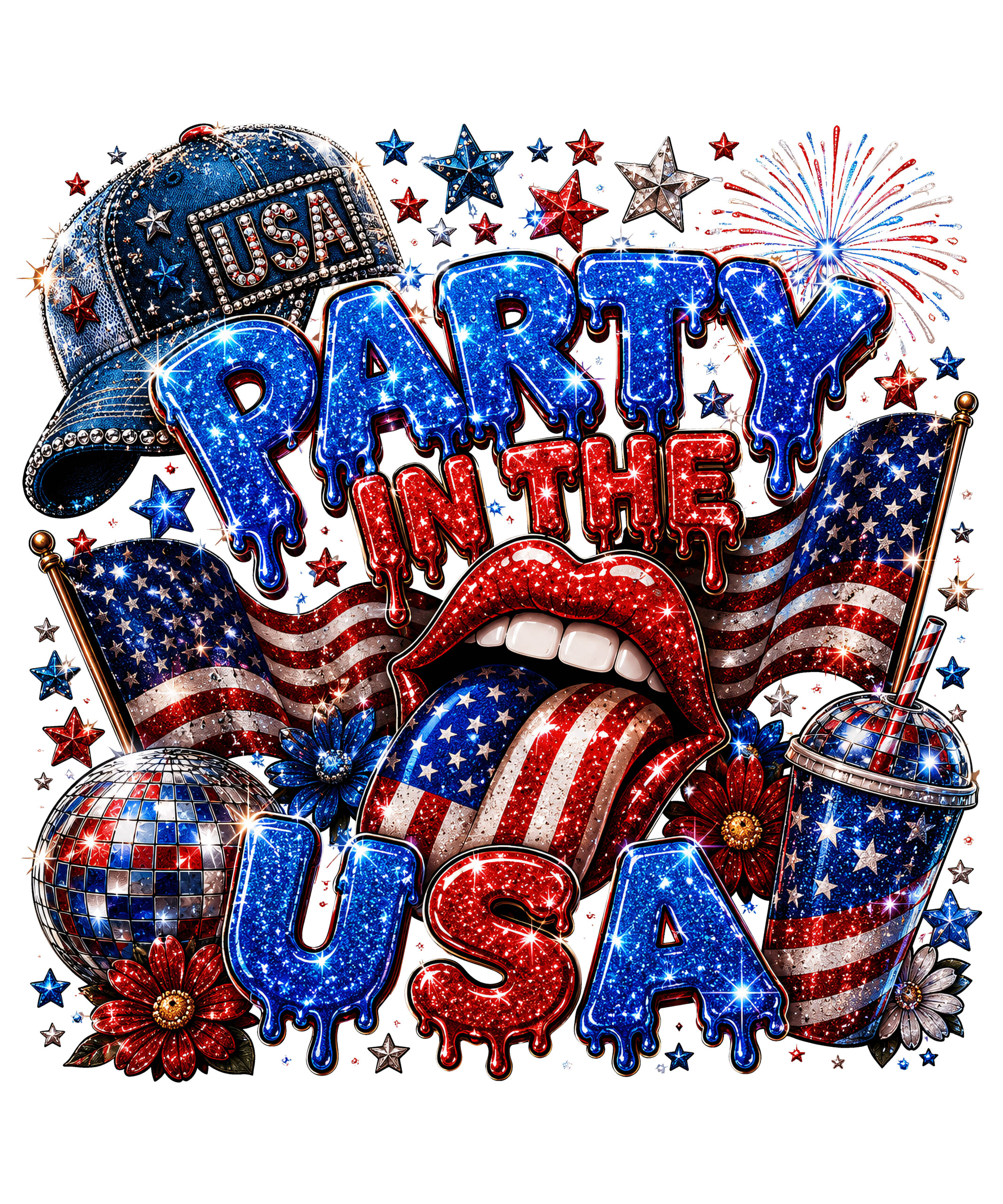 A dazzling design featuring dripping text and a disco ball, perfect for your glitter party in the usa png sublimation projects.