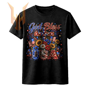 A sparkling floral arrangement with American flags and a star-spangled cross in this god bless usa cross png design.