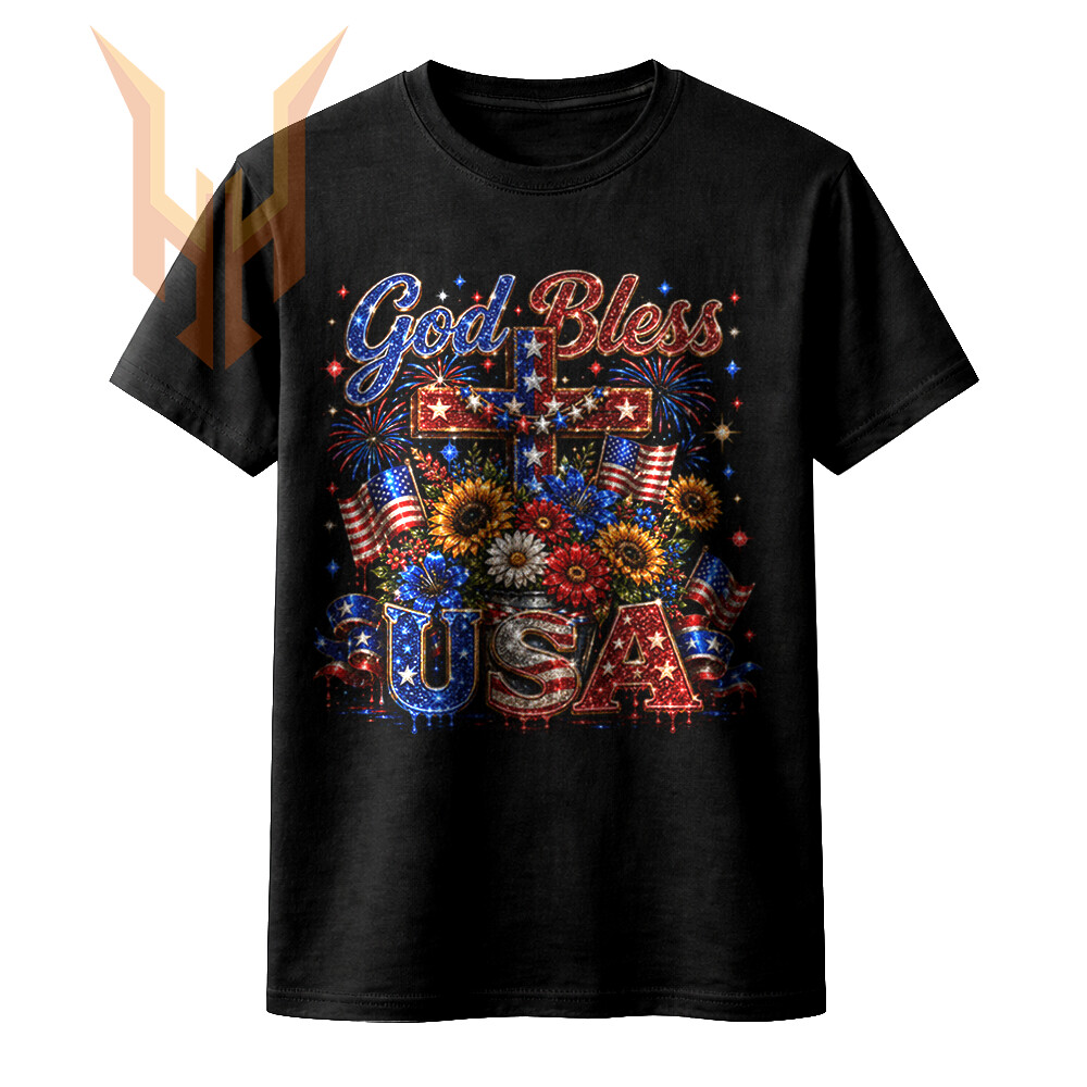A sparkling floral arrangement with American flags and a star-spangled cross in this god bless usa cross png design.