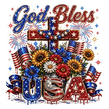 A sparkling floral arrangement with American flags and a star-spangled cross in this god bless usa cross png design.