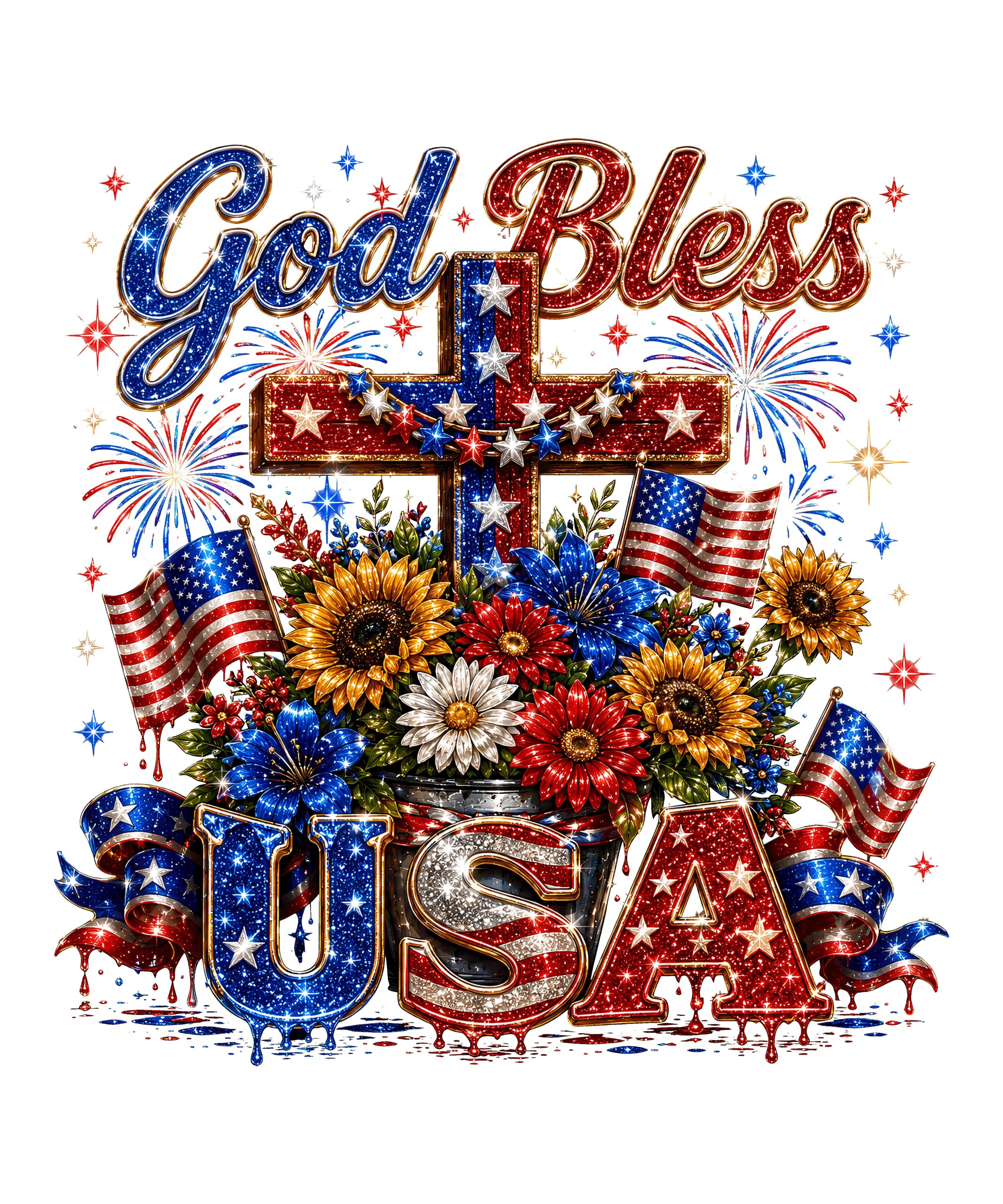 A sparkling floral arrangement with American flags and a star-spangled cross in this god bless usa cross png design.