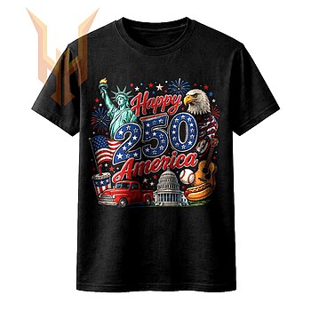 A vibrant vintage Americana illustration featuring the Statue of Liberty, an eagle, a red truck, and fireworks highlighting the happy 250 america png design.