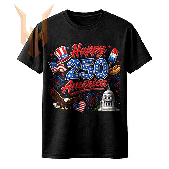 A vibrant vintage illustration of summer fireworks, an eagle, and the Capitol celebrating with the happy 250 america png design.