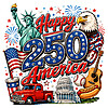 A vibrant vintage Americana illustration featuring the Statue of Liberty, an eagle, a red truck, and fireworks highlighting the happy 250 america png design.