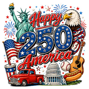 A vibrant vintage Americana illustration featuring the Statue of Liberty, an eagle, a red truck, and fireworks highlighting the happy 250 america png design.