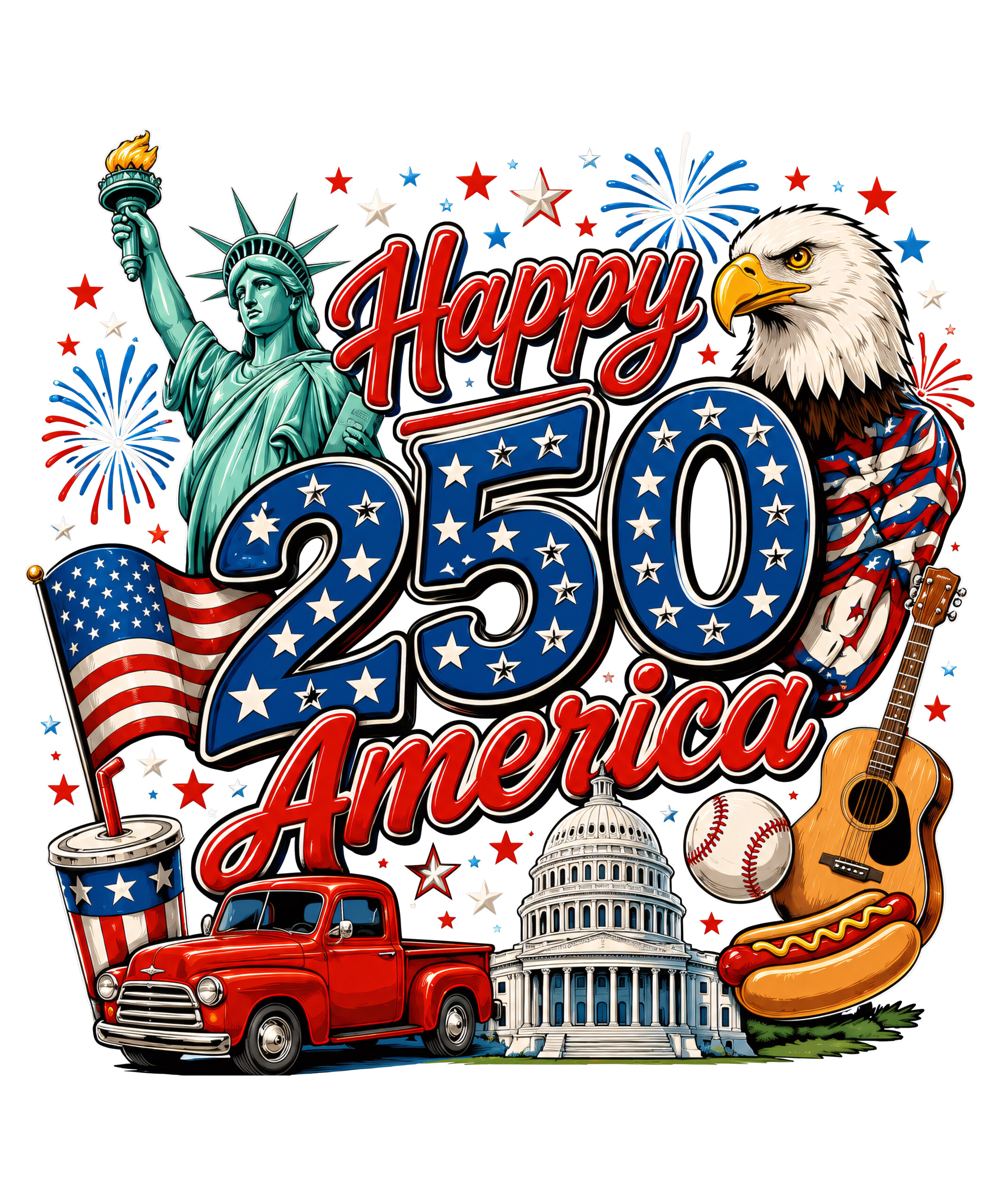 A vibrant vintage Americana illustration featuring the Statue of Liberty, an eagle, a red truck, and fireworks highlighting the happy 250 america png design.